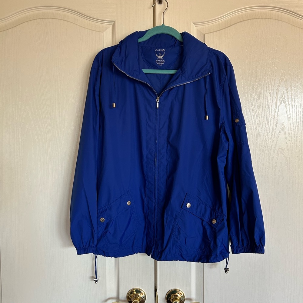 Zenergy by Chico’s cobalt blue full zip hidden hood windbreaker size 3, XL